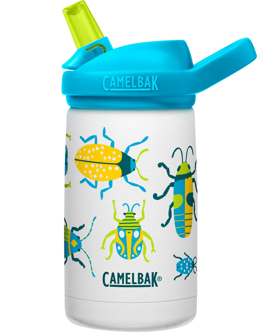 Hvit og blå Camelbak drikkeflaske til barn i stål med sugerør med innsekter som krabber